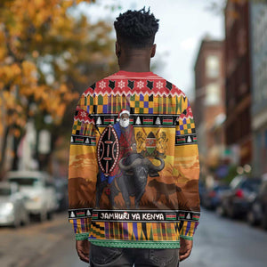 Afro Christmas in Kenya Safari Long Sleeve Shirt Black Santa Riding Cape Buffalo - African Pride