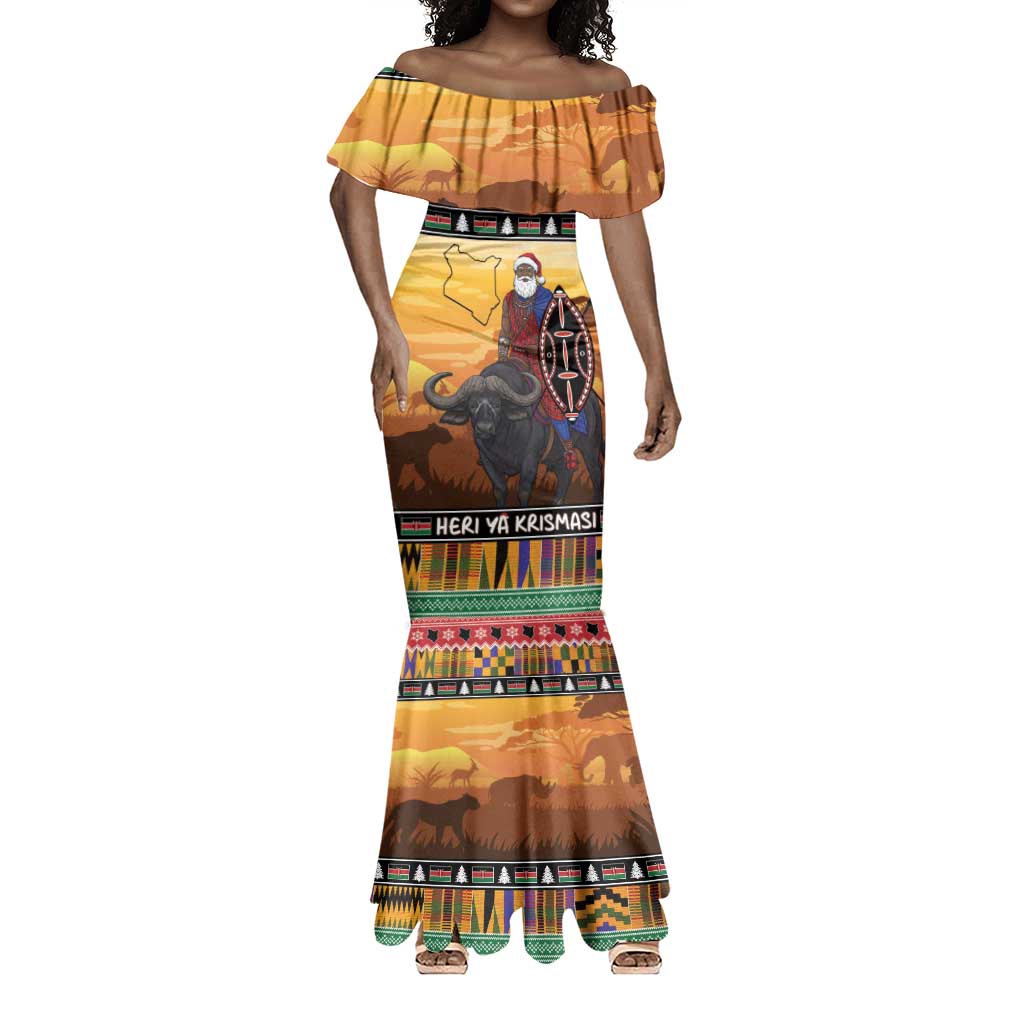 Afro Christmas in Kenya Safari Mermaid Dress Black Santa Riding Cape Buffalo - African Pride