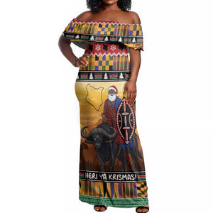 Afro Christmas in Kenya Safari Off Shoulder Maxi Dress Black Santa Riding Cape Buffalo - African Pride
