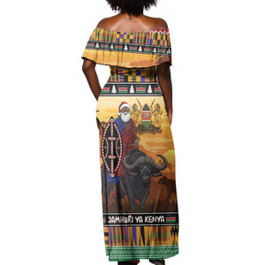 Afro Christmas in Kenya Safari Off Shoulder Maxi Dress Black Santa Riding Cape Buffalo - African Pride