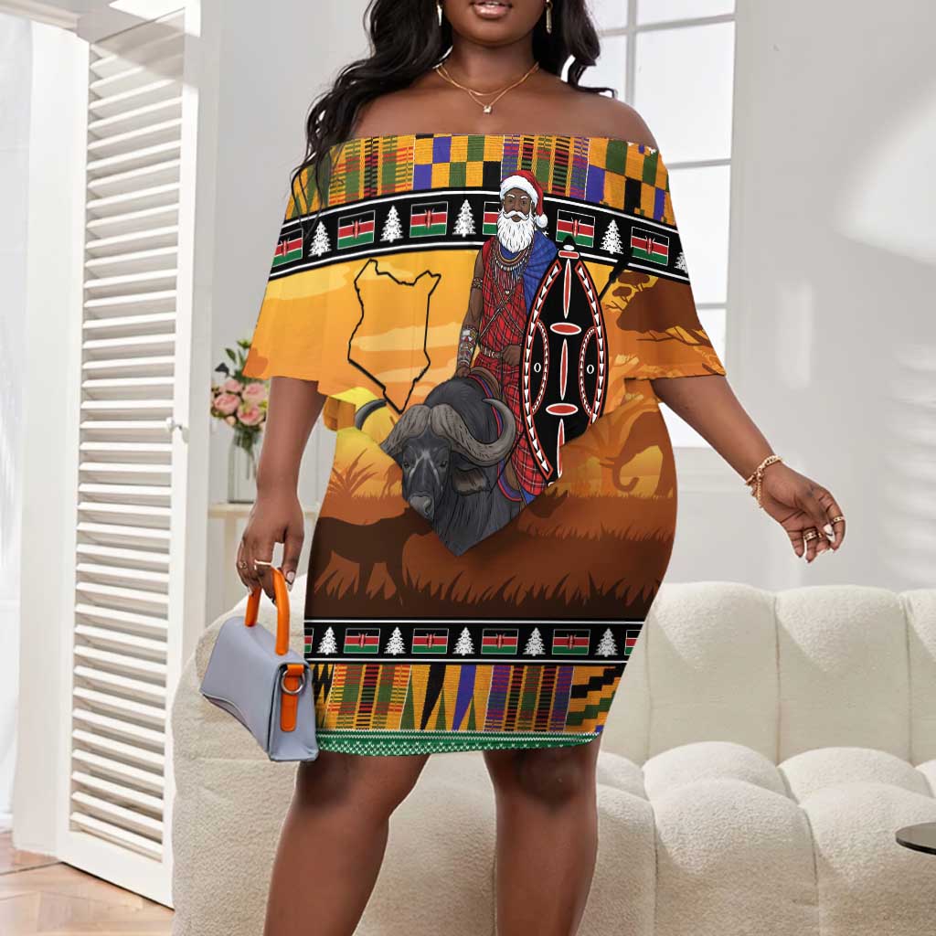 Afro Christmas in Kenya Safari Off Shoulder Short Dress Black Santa Riding Cape Buffalo - African Pride