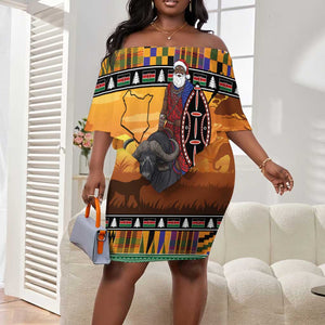Afro Christmas in Kenya Safari Off Shoulder Short Dress Black Santa Riding Cape Buffalo - African Pride