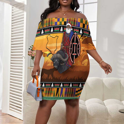 Afro Christmas in Kenya Safari Off Shoulder Short Dress Black Santa Riding Cape Buffalo - African Pride