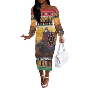 Afro Christmas in Kenya Safari Off The Shoulder Long Sleeve Dress Black Santa Riding Cape Buffalo - African Pride