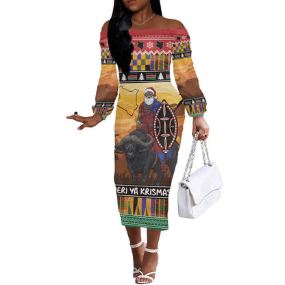 Afro Christmas in Kenya Safari Off The Shoulder Long Sleeve Dress Black Santa Riding Cape Buffalo - African Pride