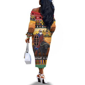 Afro Christmas in Kenya Safari Off The Shoulder Long Sleeve Dress Black Santa Riding Cape Buffalo - African Pride