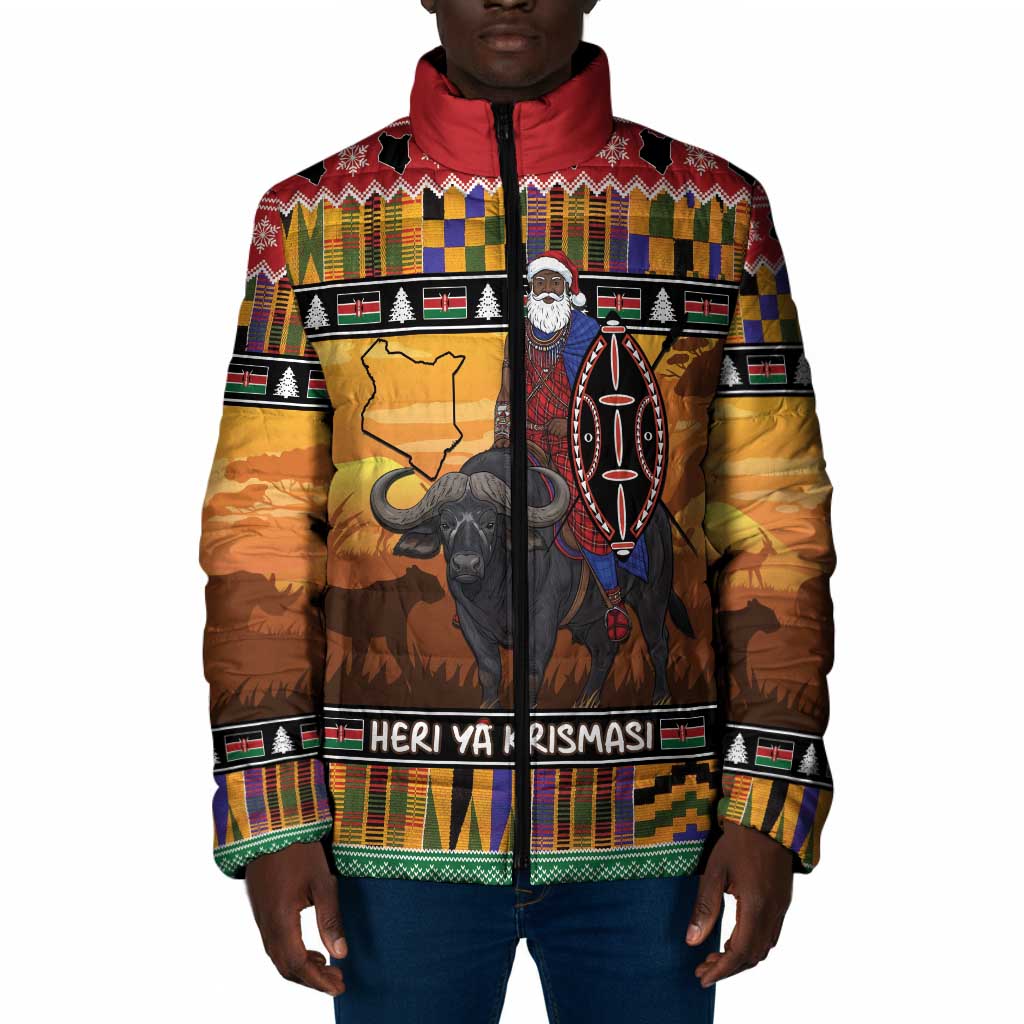 Kenya Safari Christmas Padded Jacket Black Santa Riding Cape Buffalo - Heri ya Krismasi