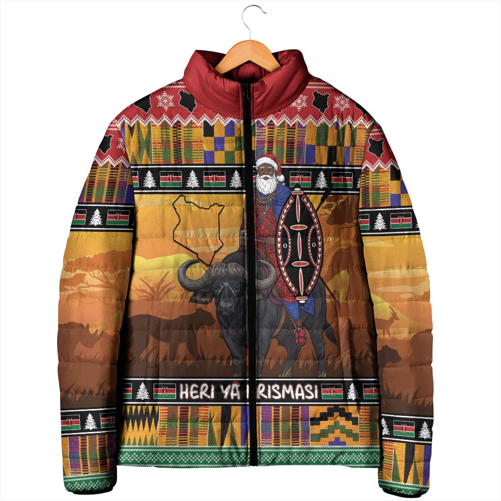 Kenya Safari Christmas Padded Jacket Black Santa Riding Cape Buffalo - Heri ya Krismasi