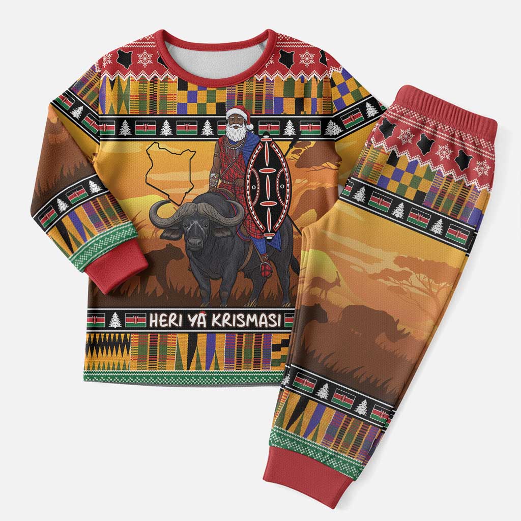 Afro Christmas in Kenya Safari Christmas Pajama Set Black Santa Riding Cape Buffalo - African Pride