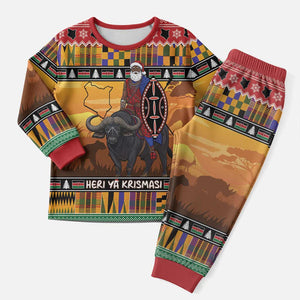 Afro Christmas in Kenya Safari Christmas Pajama Set Black Santa Riding Cape Buffalo - African Pride