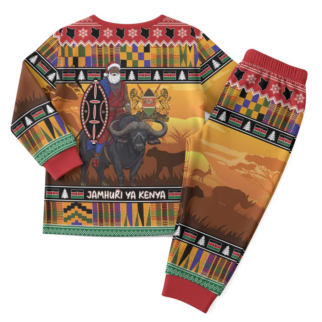 Afro Christmas in Kenya Safari Christmas Pajama Set Black Santa Riding Cape Buffalo - African Pride