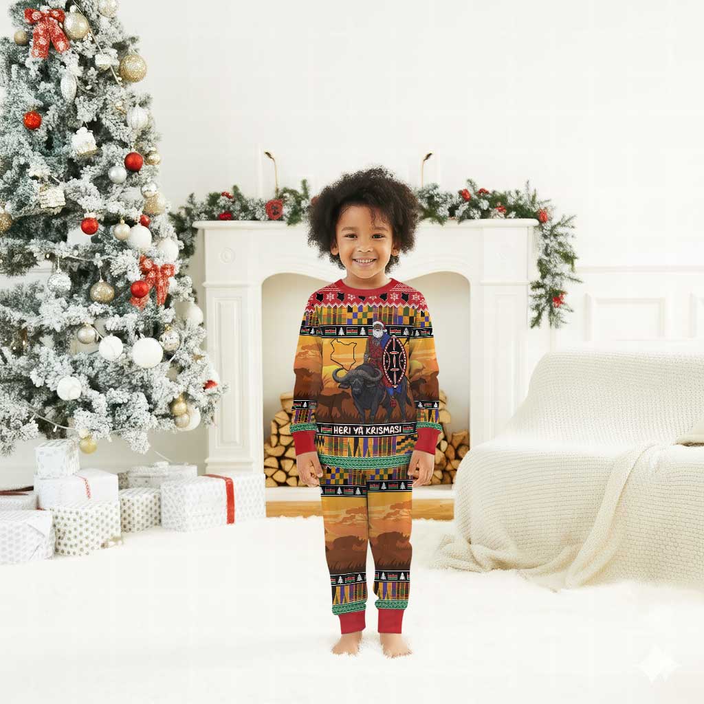 Afro Christmas in Kenya Safari Christmas Pajama Set Black Santa Riding Cape Buffalo - African Pride