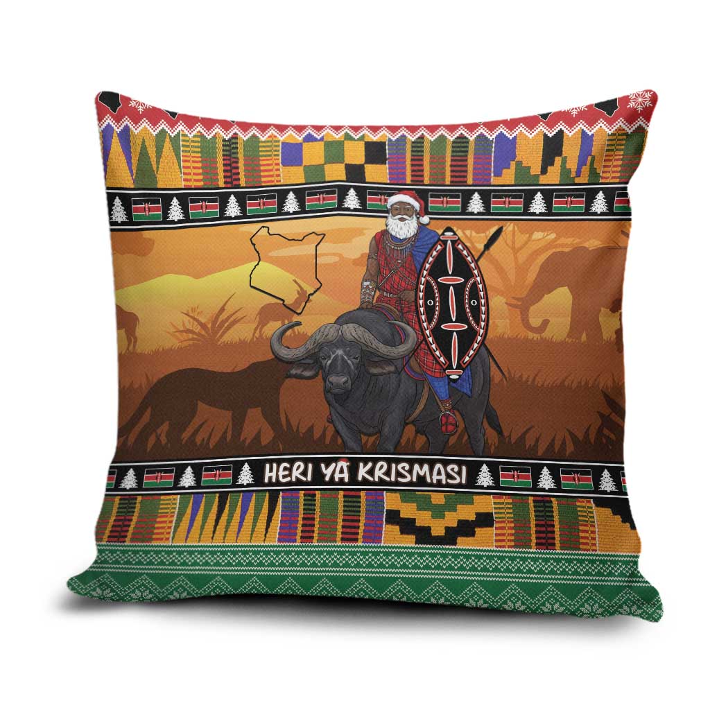 Kenya Safari Christmas Pillow Cover Black Santa Riding Cape Buffalo - Heri ya Krismasi