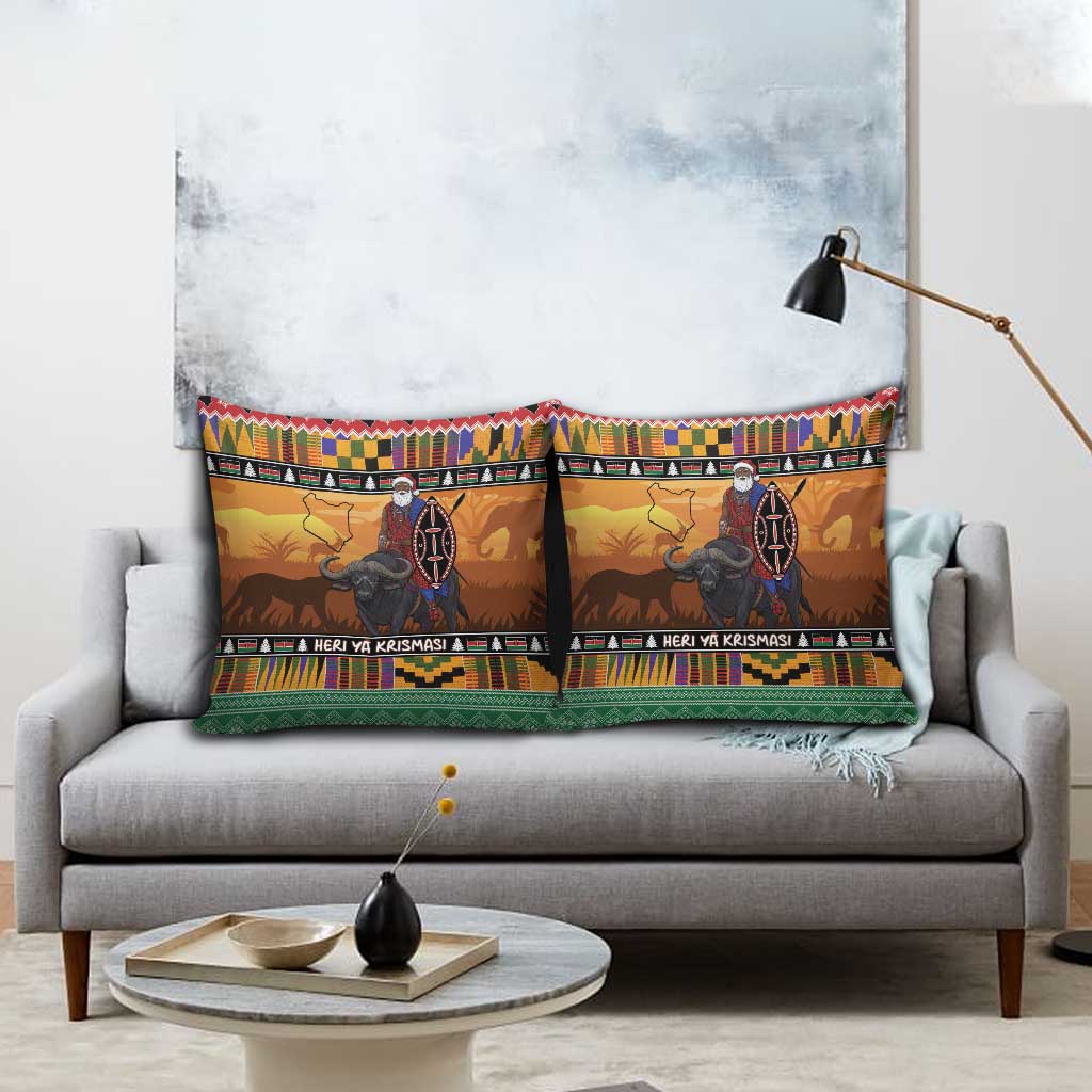 Kenya Safari Christmas Pillow Cover Black Santa Riding Cape Buffalo - Heri ya Krismasi