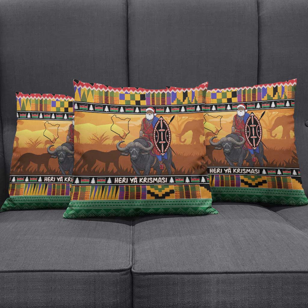 Kenya Safari Christmas Pillow Cover Black Santa Riding Cape Buffalo - Heri ya Krismasi