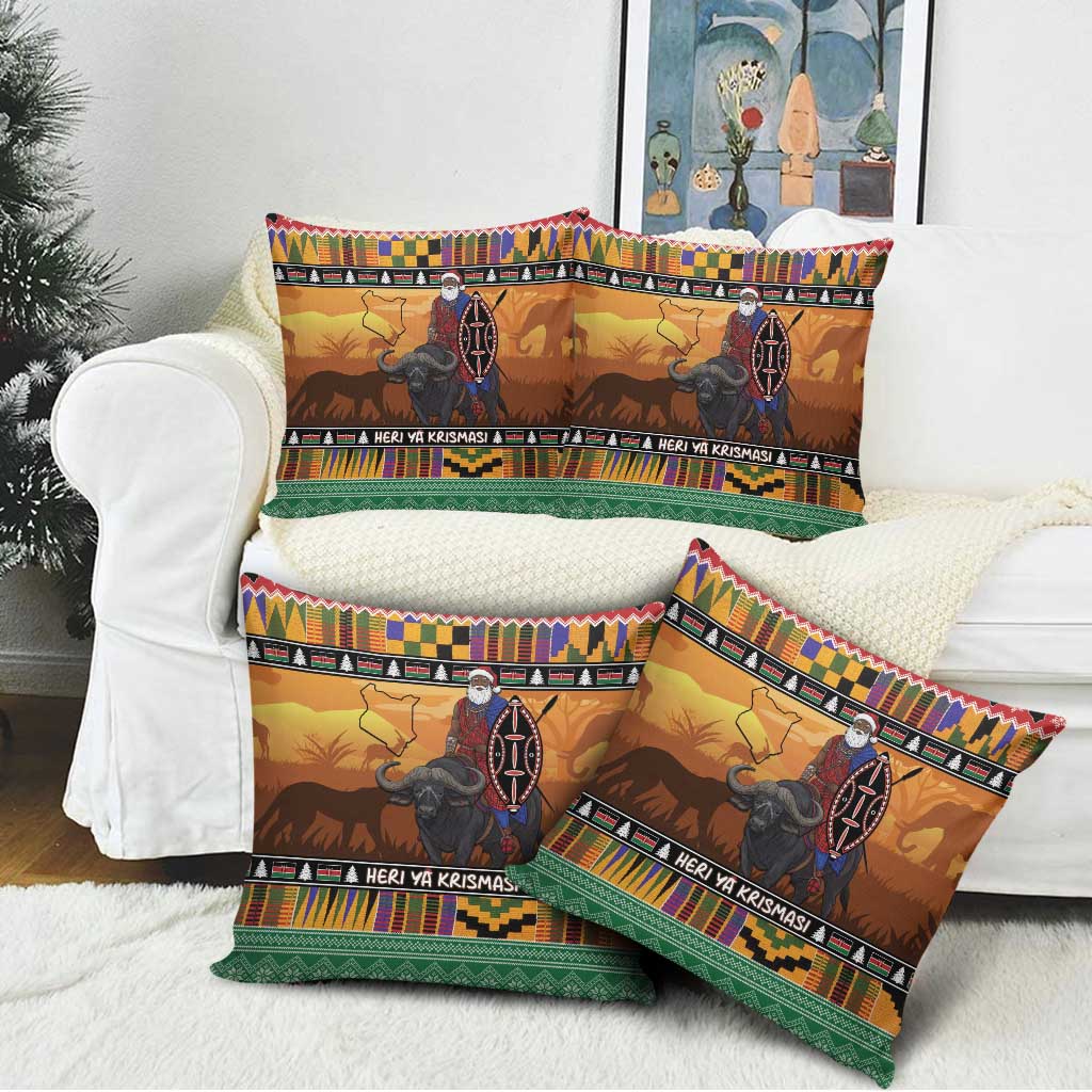 Kenya Safari Christmas Pillow Cover Black Santa Riding Cape Buffalo - Heri ya Krismasi