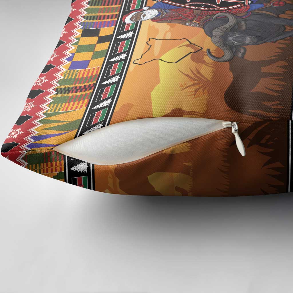 Kenya Safari Christmas Pillow Cover Black Santa Riding Cape Buffalo - Heri ya Krismasi