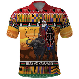 Afro Christmas in Kenya Safari Polo Shirt Black Santa Riding Cape Buffalo - African Pride