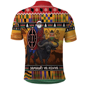 Afro Christmas in Kenya Safari Polo Shirt Black Santa Riding Cape Buffalo - African Pride