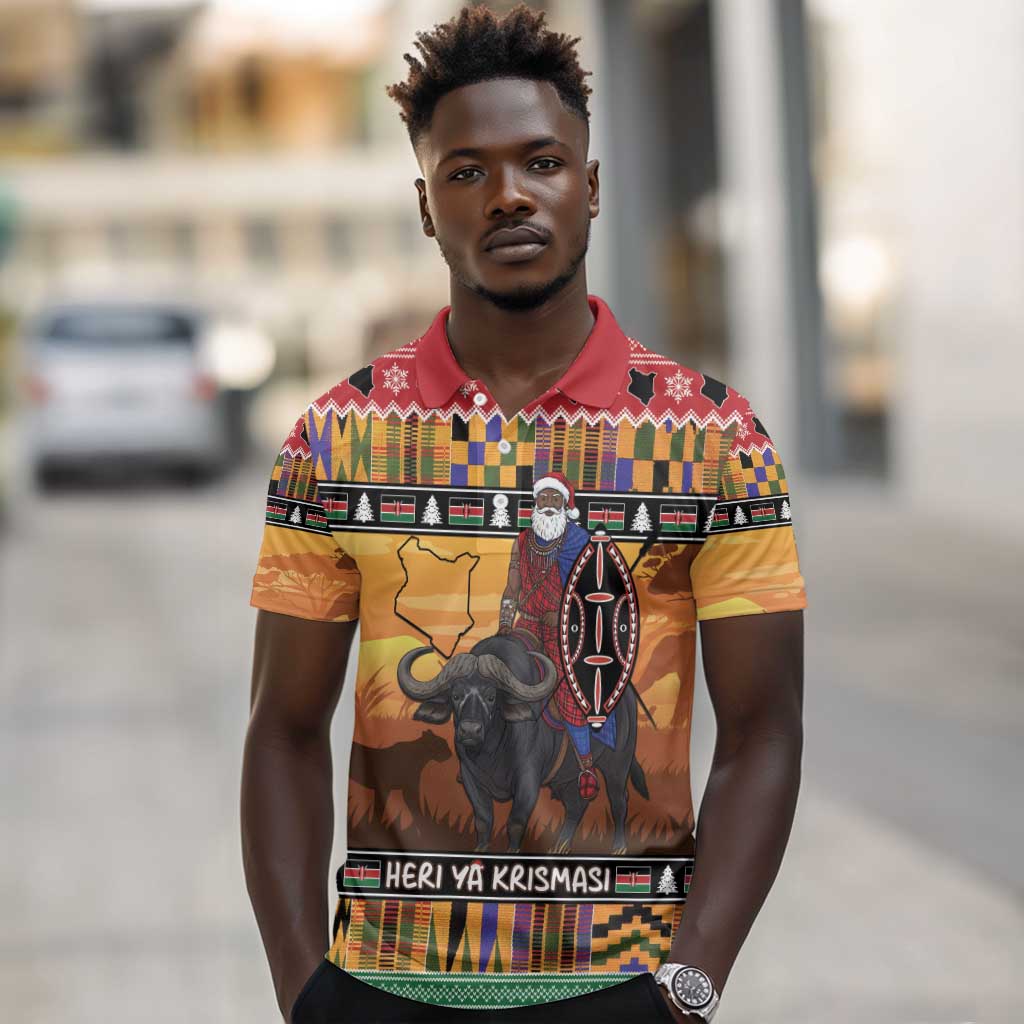 Afro Christmas in Kenya Safari Polo Shirt Black Santa Riding Cape Buffalo - African Pride