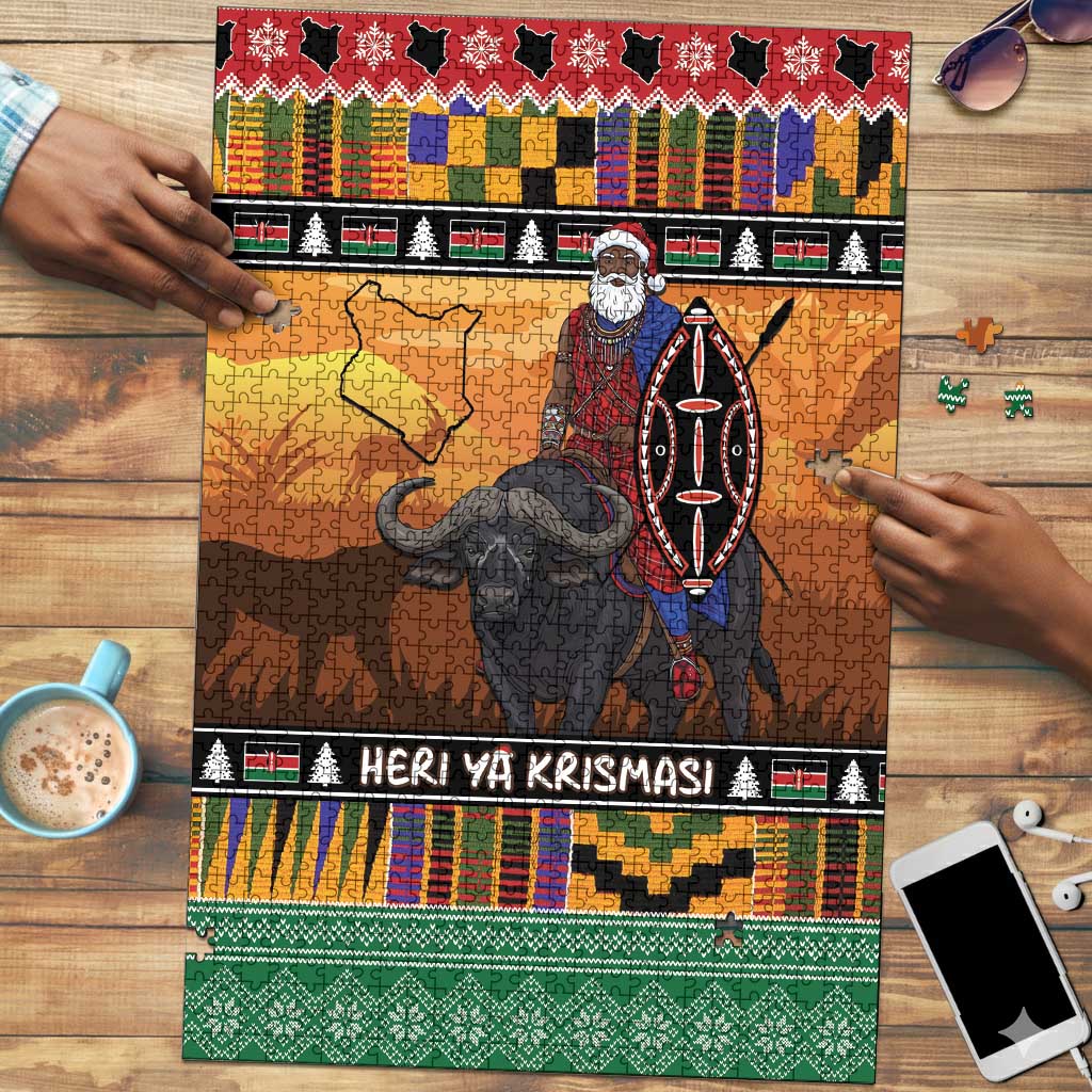 Kenya Safari Christmas Puzzle Black Santa Riding Cape Buffalo - Heri ya Krismasi