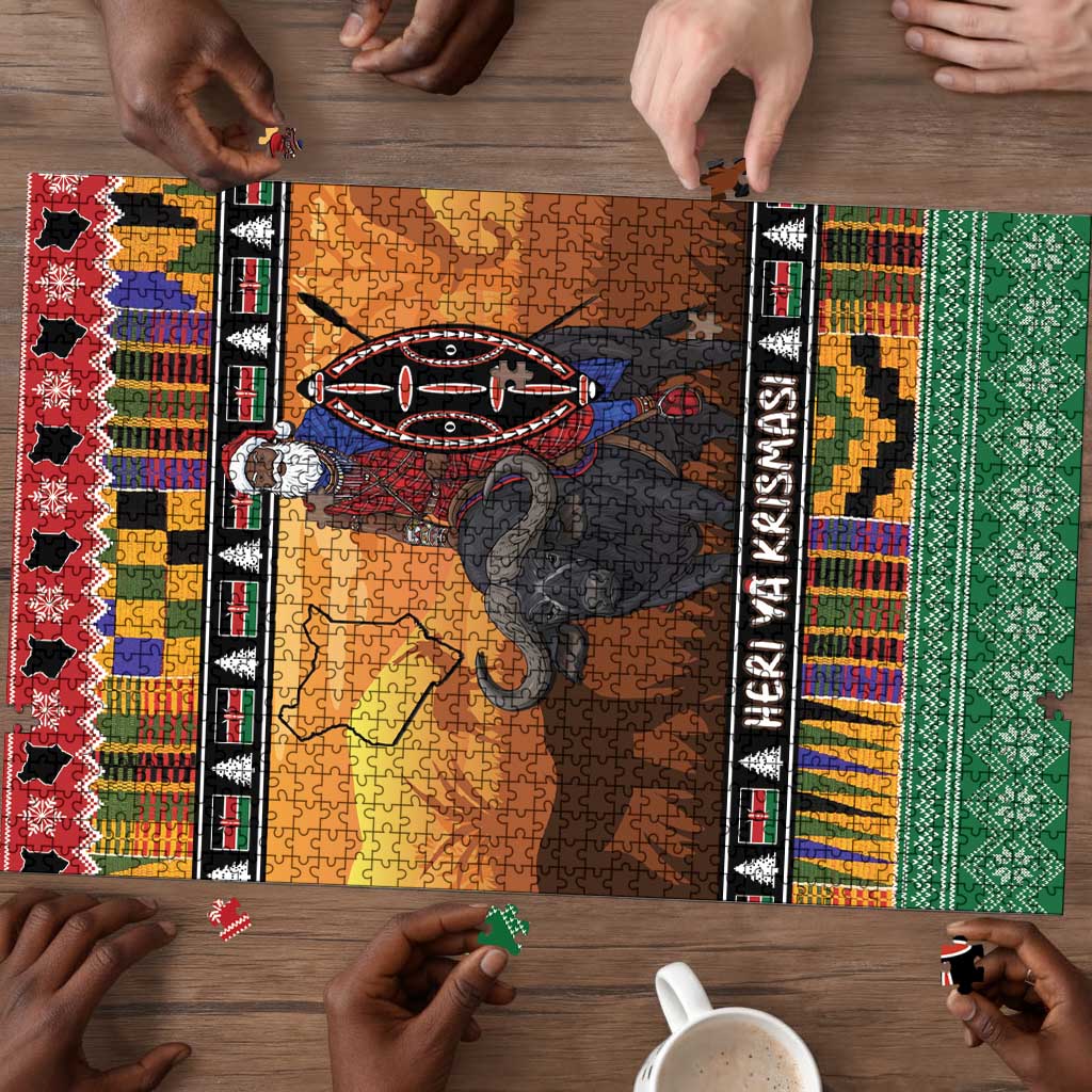 Kenya Safari Christmas Puzzle Black Santa Riding Cape Buffalo - Heri ya Krismasi