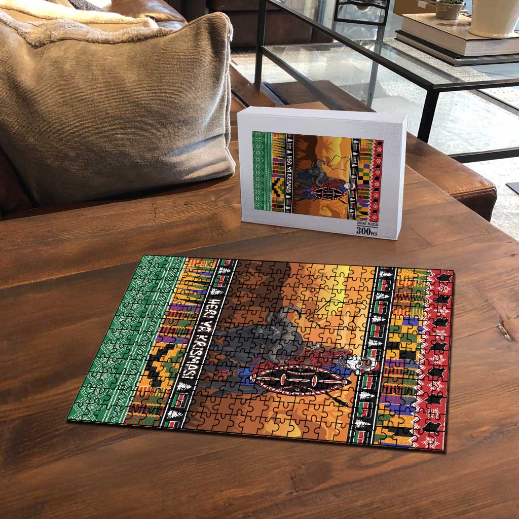 Kenya Safari Christmas Puzzle Black Santa Riding Cape Buffalo - Heri ya Krismasi