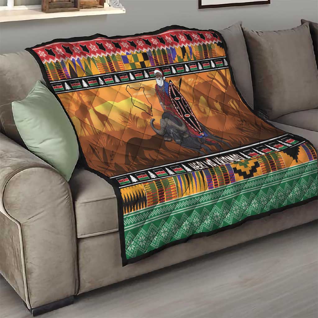 Afro Christmas in Kenya Safari Quilt Black Santa Riding Cape Buffalo - African Pride