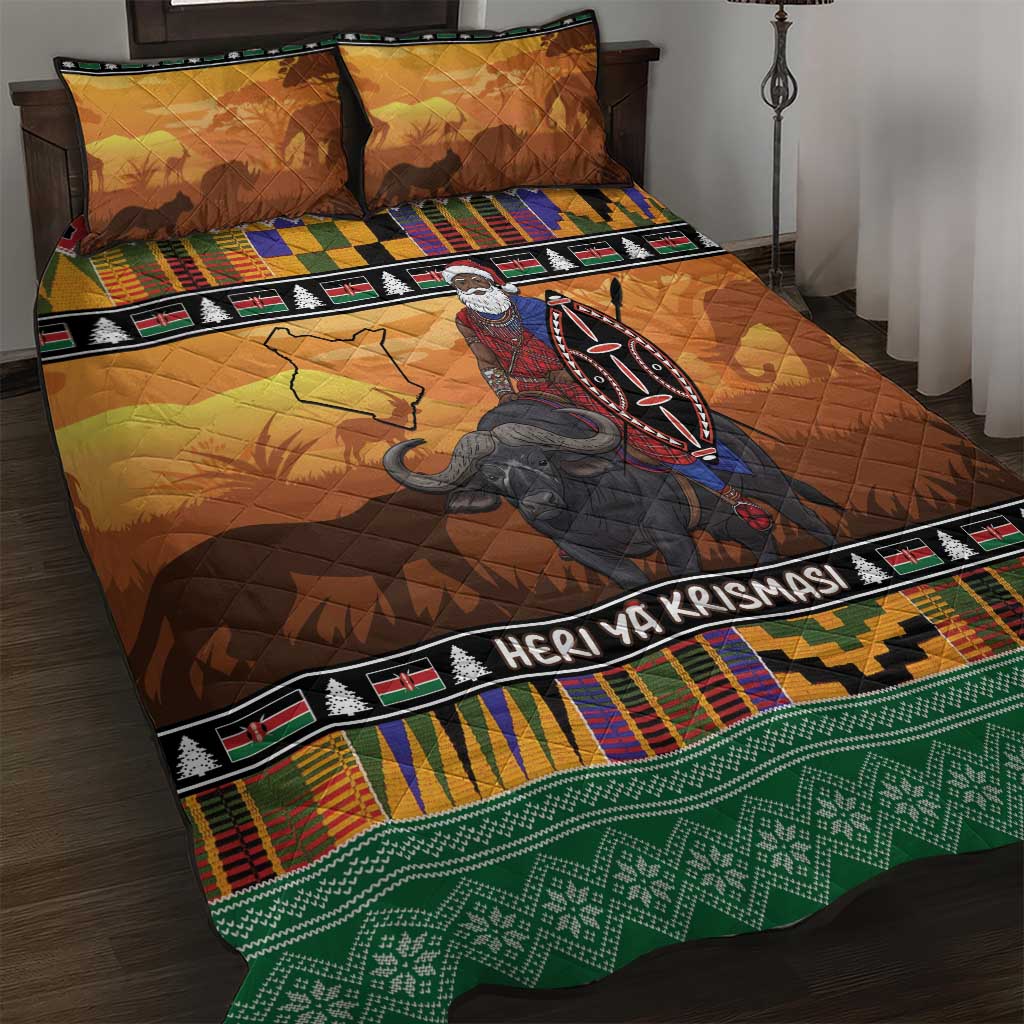 Afro Christmas in Kenya Safari Quilt Bed Set Black Santa Riding Cape Buffalo - African Pride