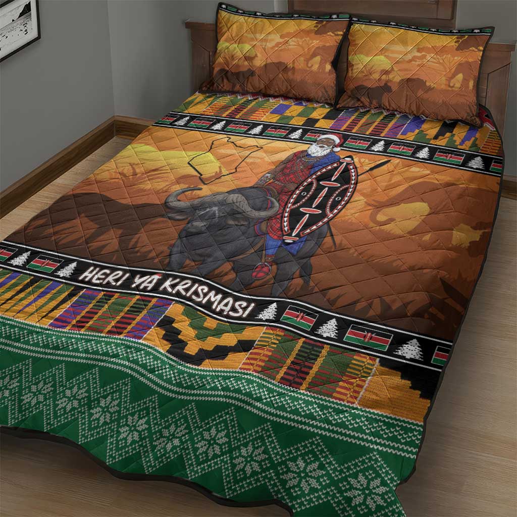 Afro Christmas in Kenya Safari Quilt Bed Set Black Santa Riding Cape Buffalo - African Pride