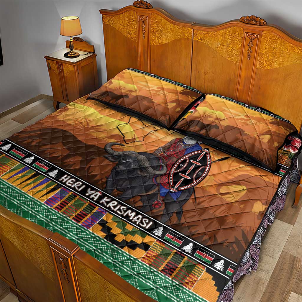 Afro Christmas in Kenya Safari Quilt Bed Set Black Santa Riding Cape Buffalo - African Pride