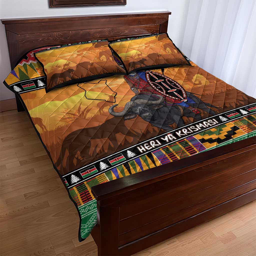 Afro Christmas in Kenya Safari Quilt Bed Set Black Santa Riding Cape Buffalo - African Pride