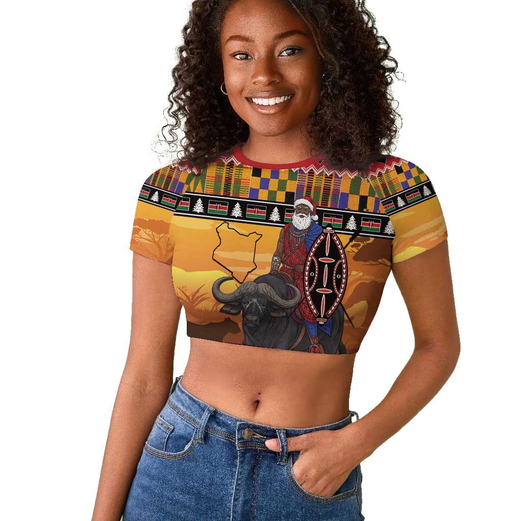 Afro Christmas in Kenya Safari Raglan Cropped T shirt Black Santa Riding Cape Buffalo - African Pride