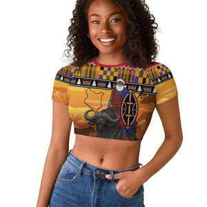 Afro Christmas in Kenya Safari Raglan Cropped T shirt Black Santa Riding Cape Buffalo - African Pride