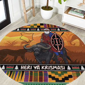 Afro Christmas in Kenya Safari Round Carpet Black Santa Riding Cape Buffalo - African Pride