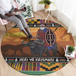 Afro Christmas in Kenya Safari Round Carpet Black Santa Riding Cape Buffalo - African Pride