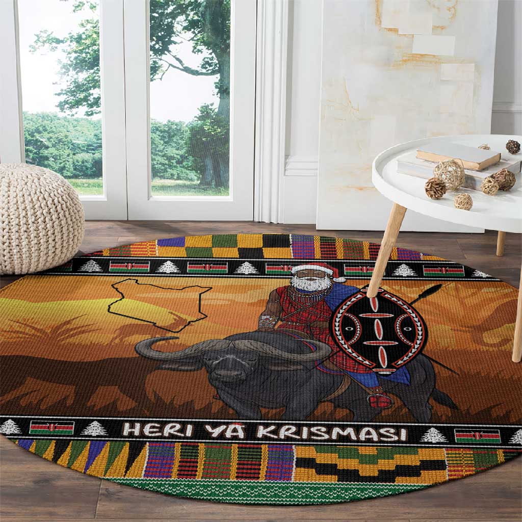 Afro Christmas in Kenya Safari Round Carpet Black Santa Riding Cape Buffalo - African Pride