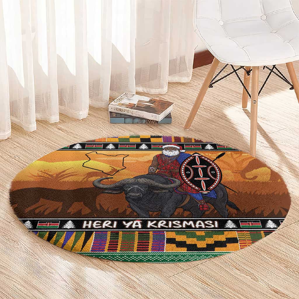 Afro Christmas in Kenya Safari Round Carpet Black Santa Riding Cape Buffalo - African Pride