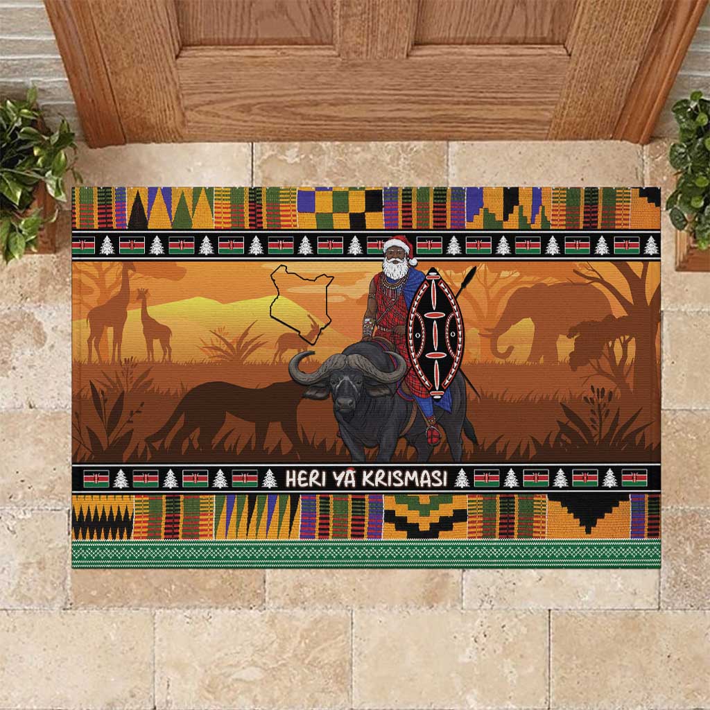 Afro Christmas in Kenya Safari Rubber Doormat Black Santa Riding Cape Buffalo - African Pride