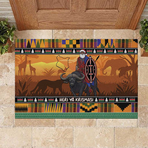 Afro Christmas in Kenya Safari Rubber Doormat Black Santa Riding Cape Buffalo - African Pride