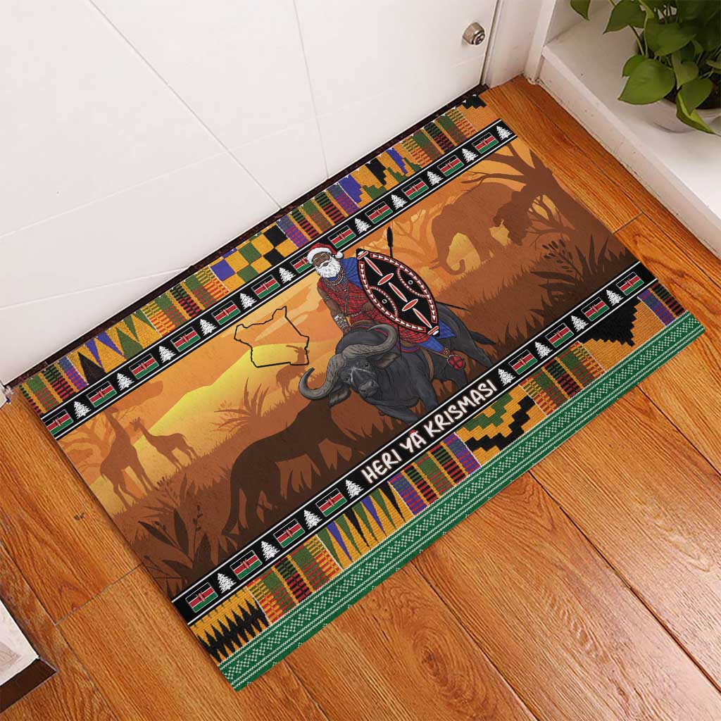 Afro Christmas in Kenya Safari Rubber Doormat Black Santa Riding Cape Buffalo - African Pride