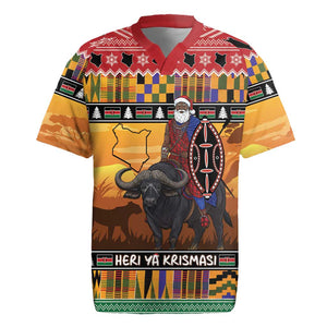 Afro Christmas in Kenya Safari Rugby Jersey Black Santa Riding Cape Buffalo - African Pride