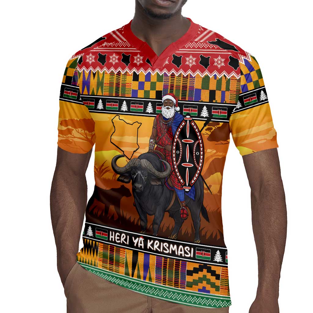 Afro Christmas in Kenya Safari Rugby Jersey Black Santa Riding Cape Buffalo - African Pride