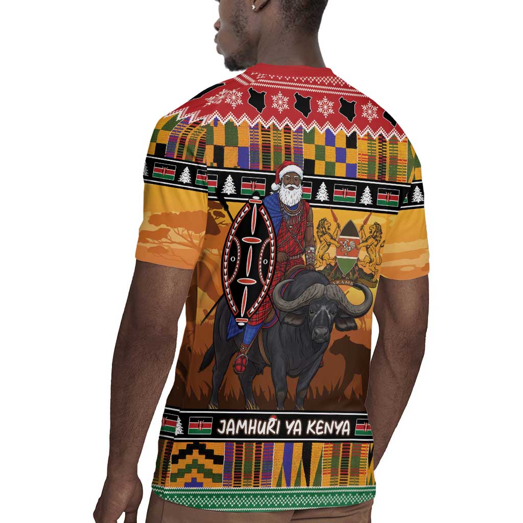 Afro Christmas in Kenya Safari Rugby Jersey Black Santa Riding Cape Buffalo - African Pride