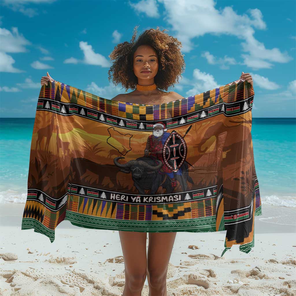 Afro Christmas in Kenya Safari Sarong Black Santa Riding Cape Buffalo - African Pride