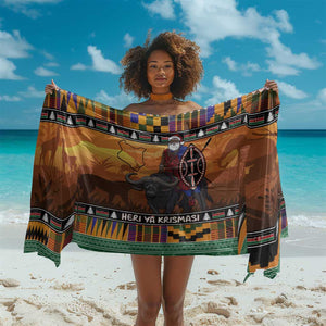 Afro Christmas in Kenya Safari Sarong Black Santa Riding Cape Buffalo - African Pride