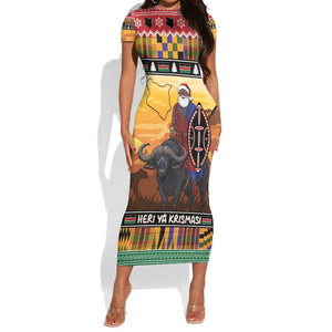 Afro Christmas in Kenya Safari Short Sleeve Bodycon Dress Black Santa Riding Cape Buffalo - African Pride