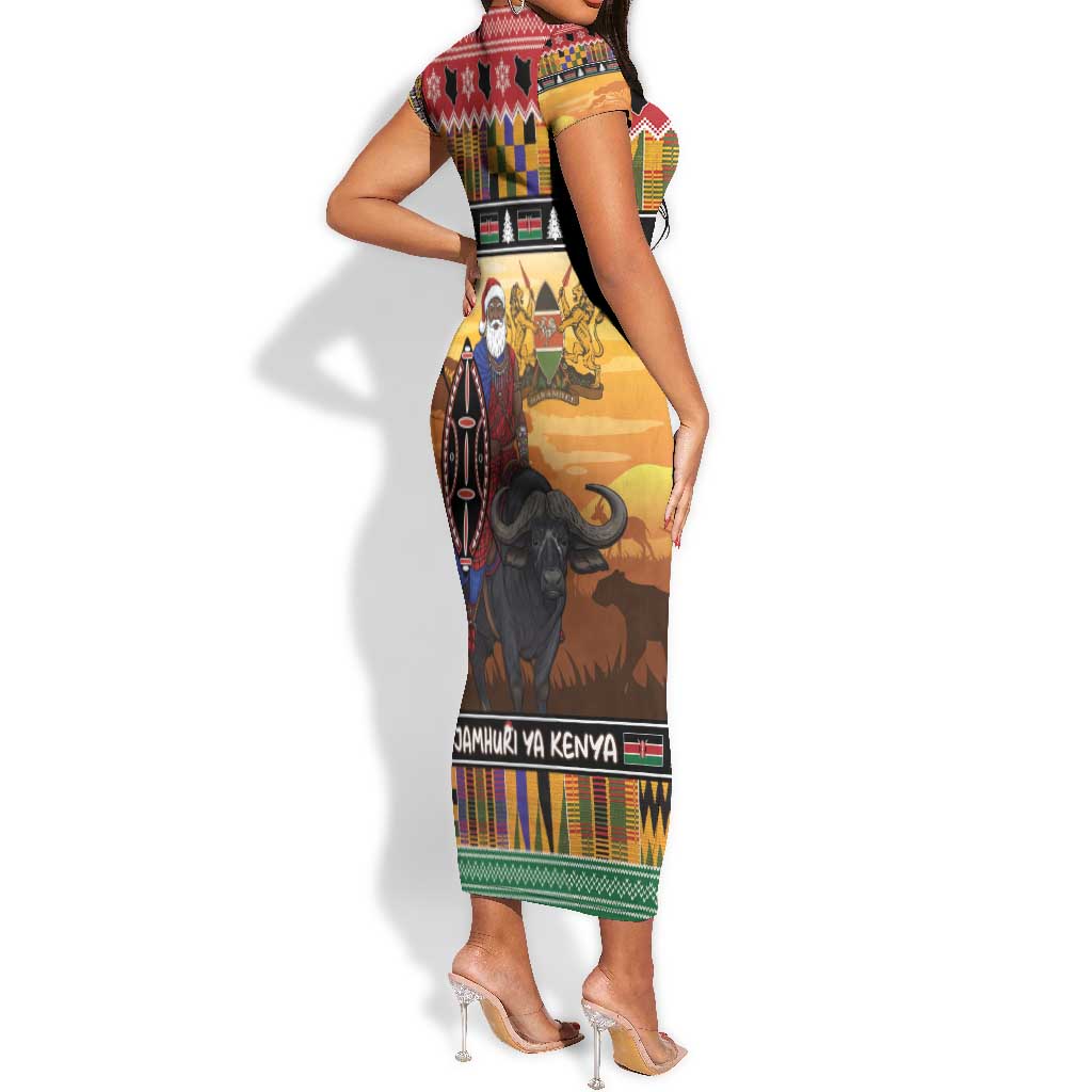 Afro Christmas in Kenya Safari Short Sleeve Bodycon Dress Black Santa Riding Cape Buffalo - African Pride