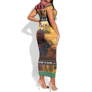 Afro Christmas in Kenya Safari Short Sleeve Bodycon Dress Black Santa Riding Cape Buffalo - African Pride