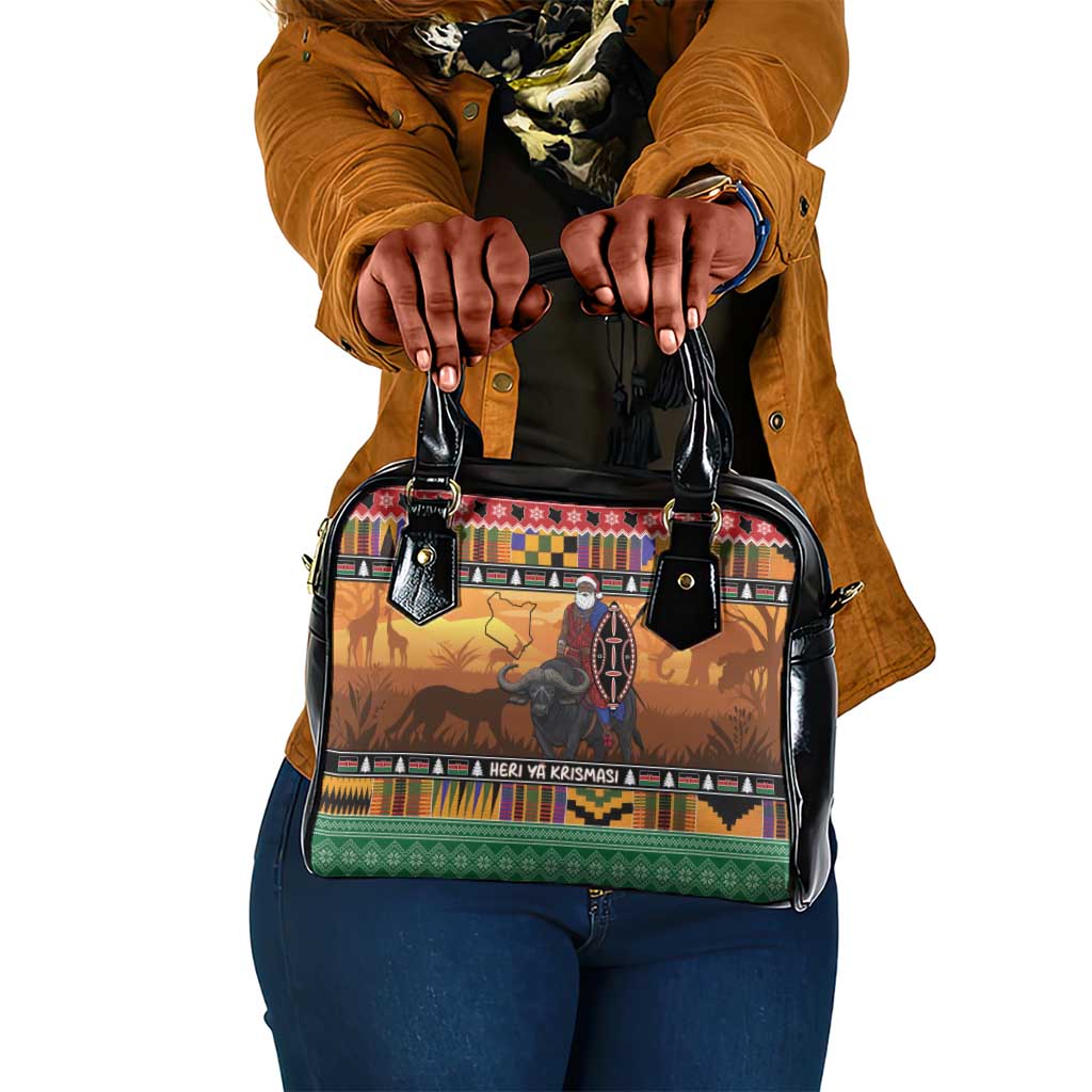 Afro Christmas in Kenya Safari Shoulder Handbag Black Santa Riding Cape Buffalo - African Pride